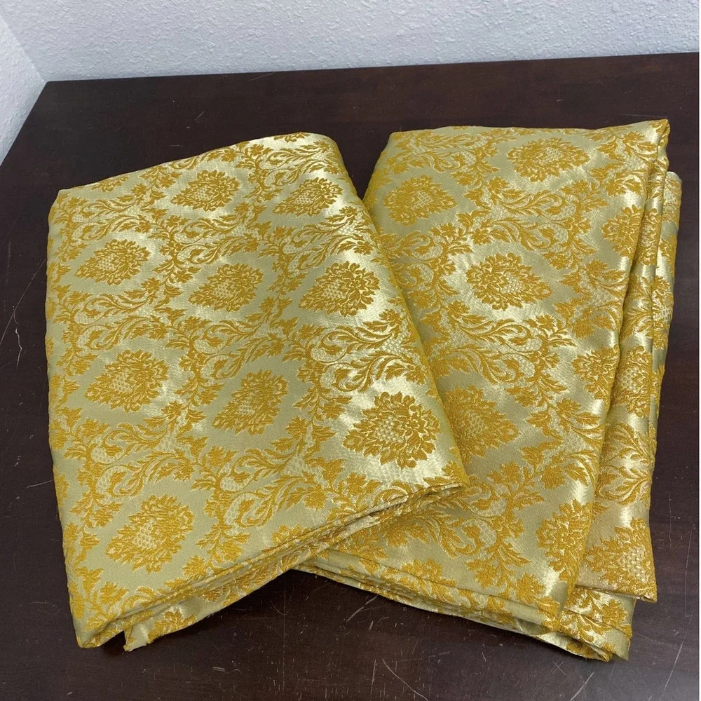 Vintage MCM Gold Damask Pinch Pleat Curtains 2 Panels 58x80 Mid Century Modern